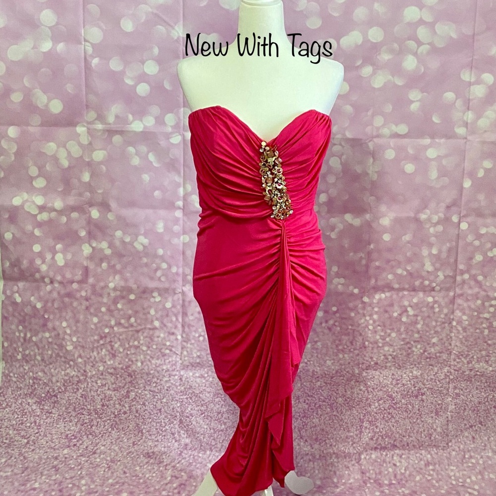 NWT Badgley Mischka strapless with sequin/rhinestone cascade PROM CRUISE GALA